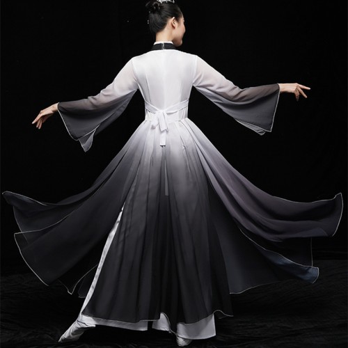 Women black with white gradient colored Chinese folk dance dress ancient traditional classical dance costumes Yangko umbrella dance fairy princess hafu for woman